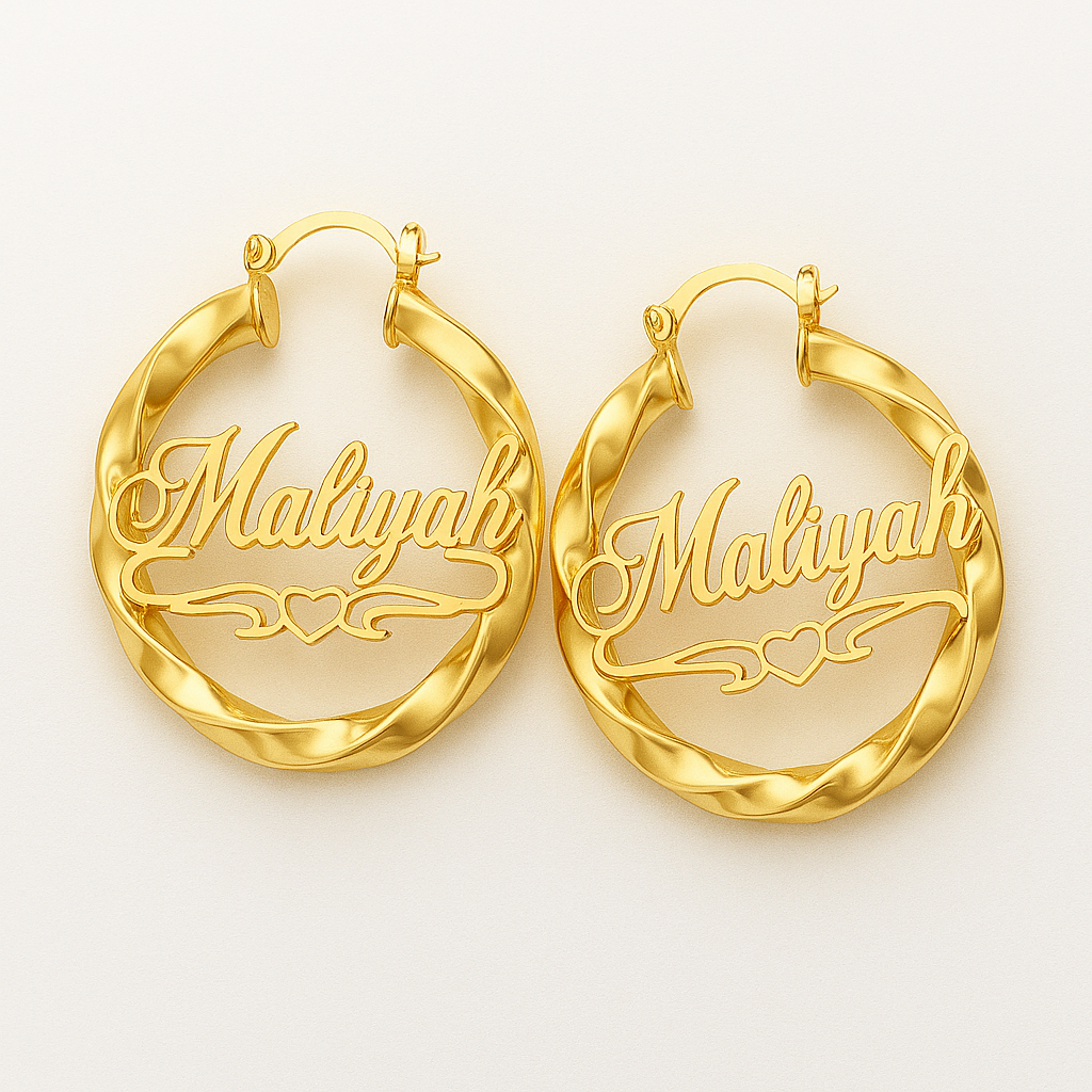 Custom Name Bamboo Hoop Earrings – Personalized 24CT Gold Plated Heart Design Jewelry for Women & Girls