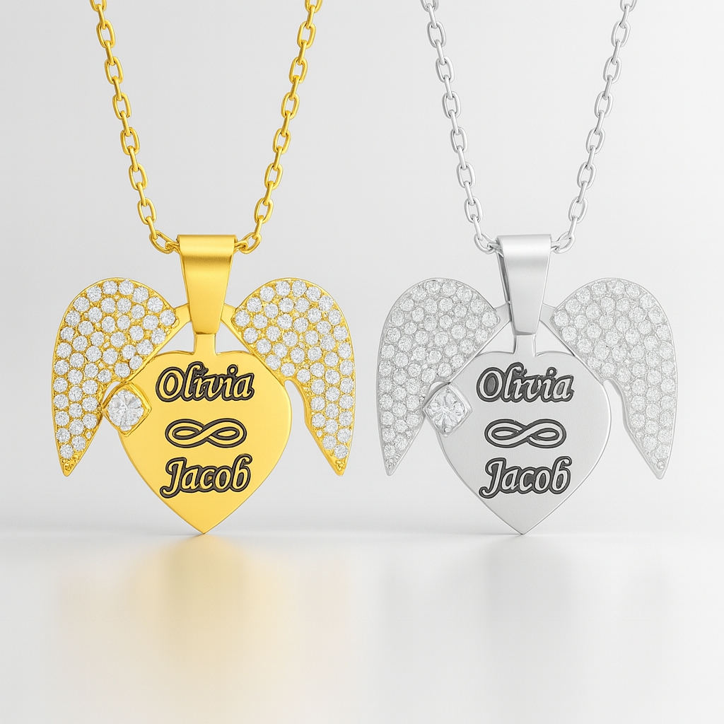 Custom Couple Name Angel Wing Necklace – Personalized Heart Pendant with Infinity Symbol in Gold & Silver for Lovers