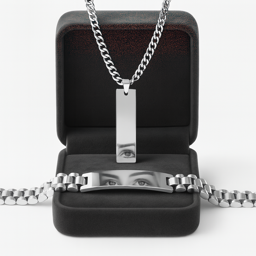 Premium Silver Cuban Chain Necklace & ID Bracelet Set – Men's Luxury Stainless Steel Jewelry Gift