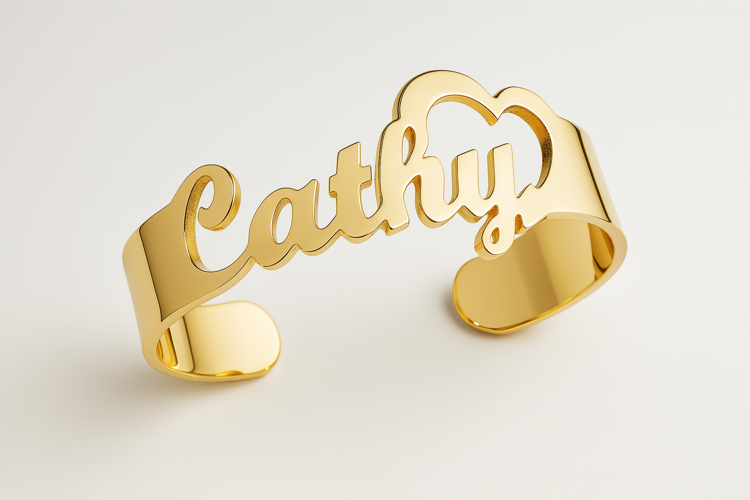 Bold Custom Name Bracelet – 24CT Gold Platted Wide Cuff with Heart Design