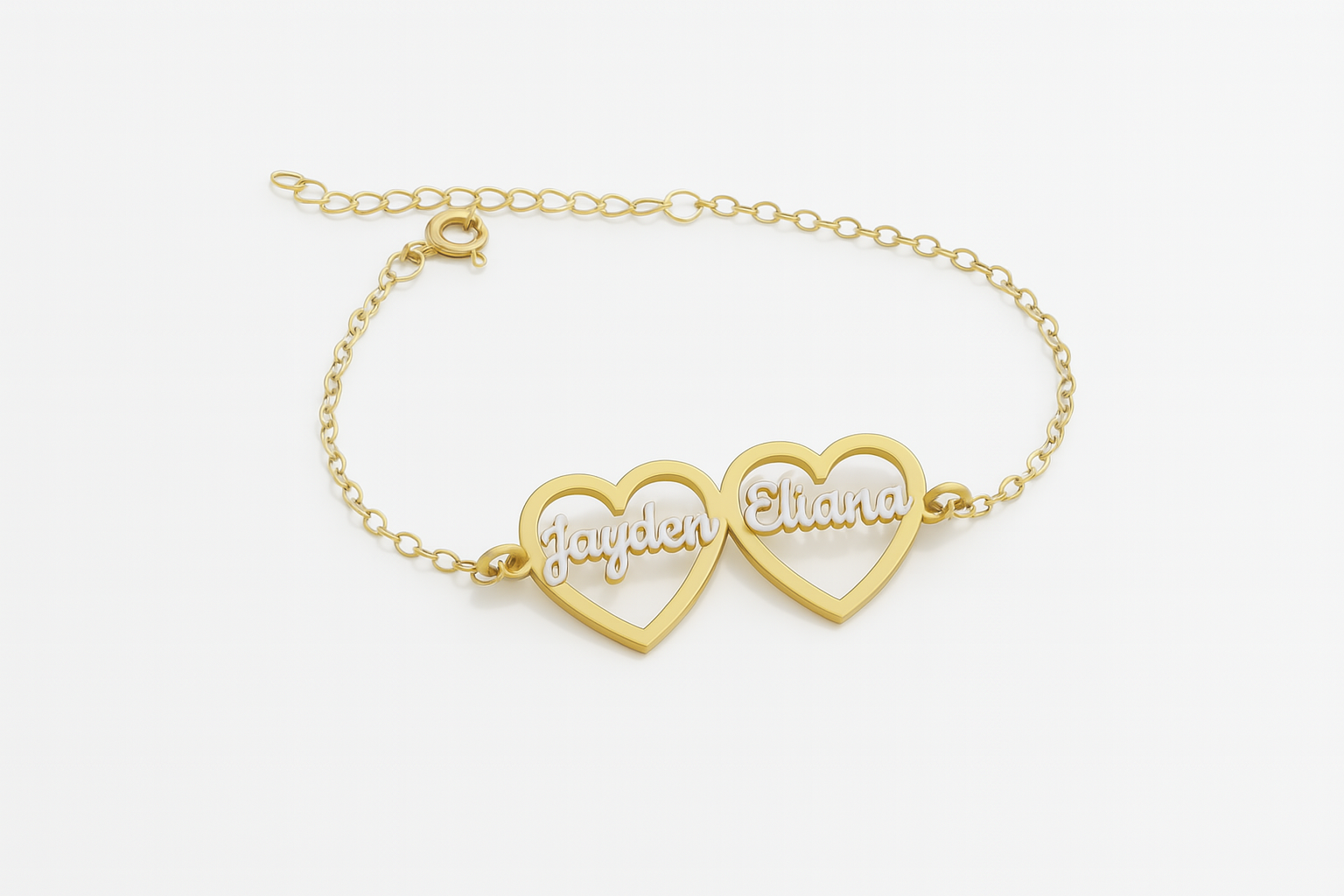 Custom Double Heart Name Bracelet – Gold Personalized Couple Jewelry