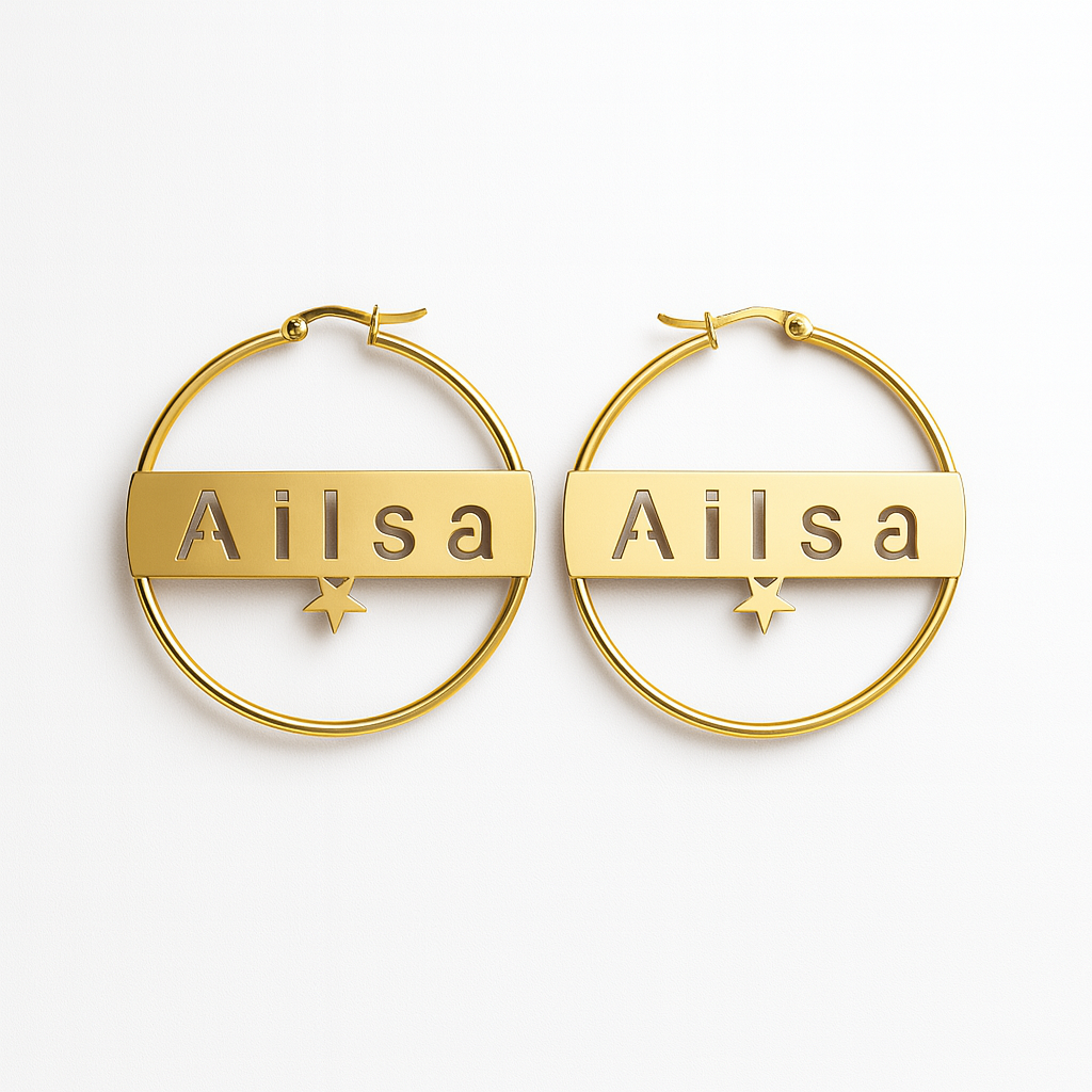 Custom Star Name Hoop Earrings – Personalized 24CT Gold Plated Circle Earrings with Cutout Design – Trendy Statement Jewelry for Women & Girls