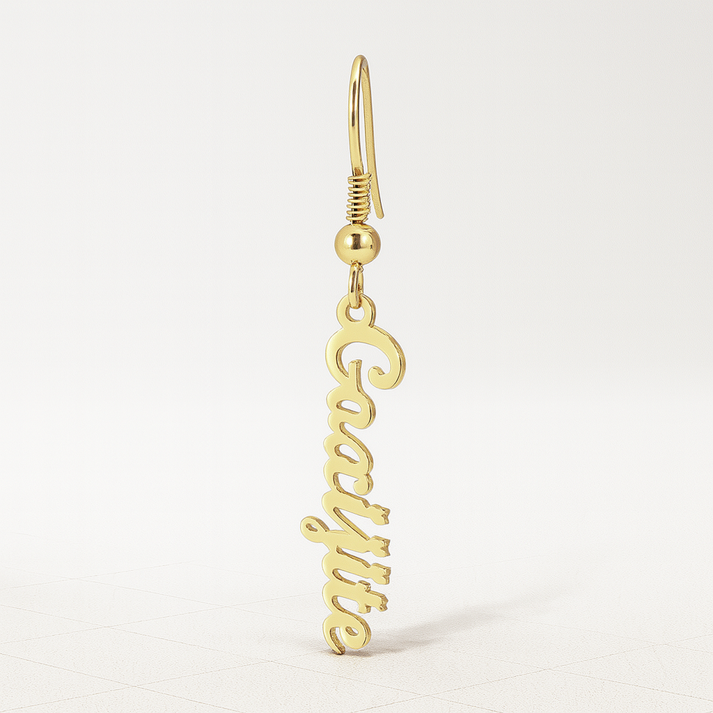 Custom Vertical Name Dangle Earring – Personalized 24CT Gold Plated Drop Earring for Women & Girls – Trendy Script Jewelry Gift