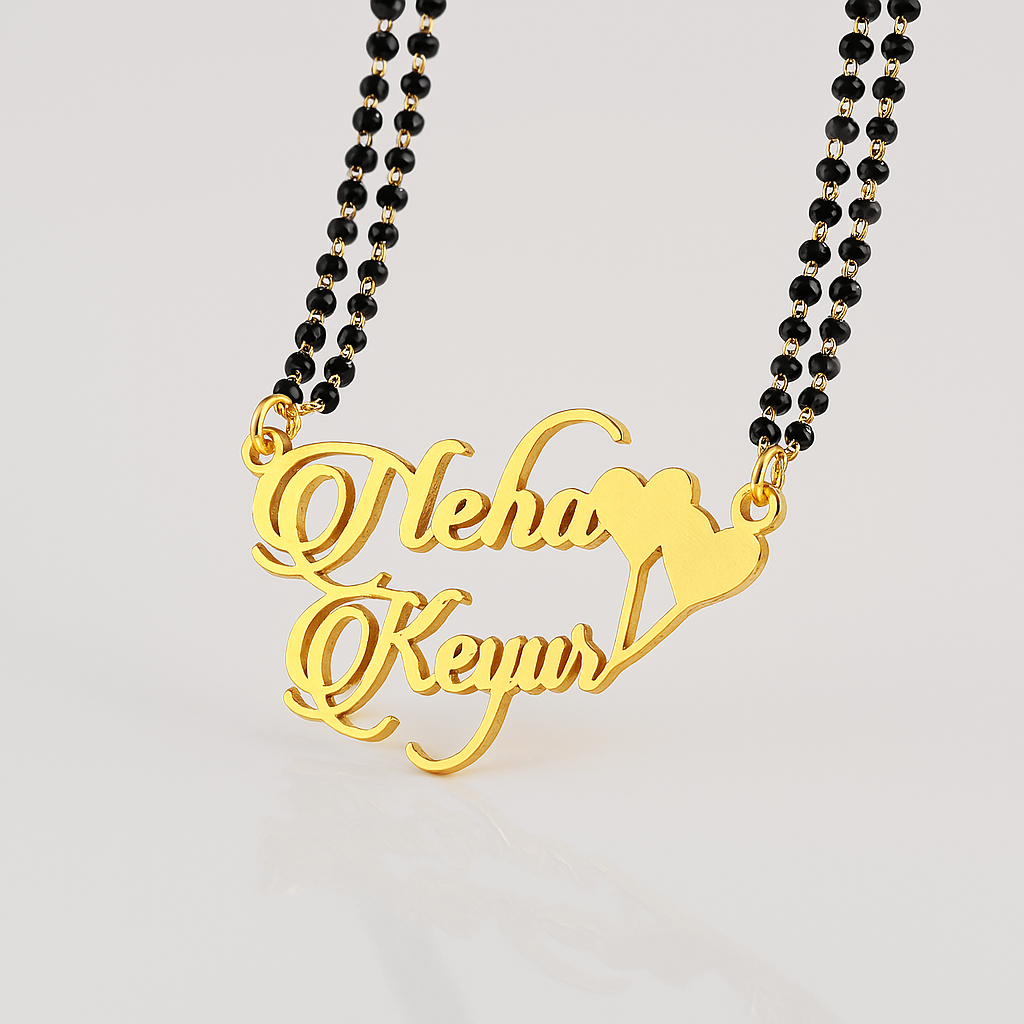 Personalized Couple Name Necklace – 24CT Gold Plated Mangalsutra Style Pendant with Double Heart Design for Women
