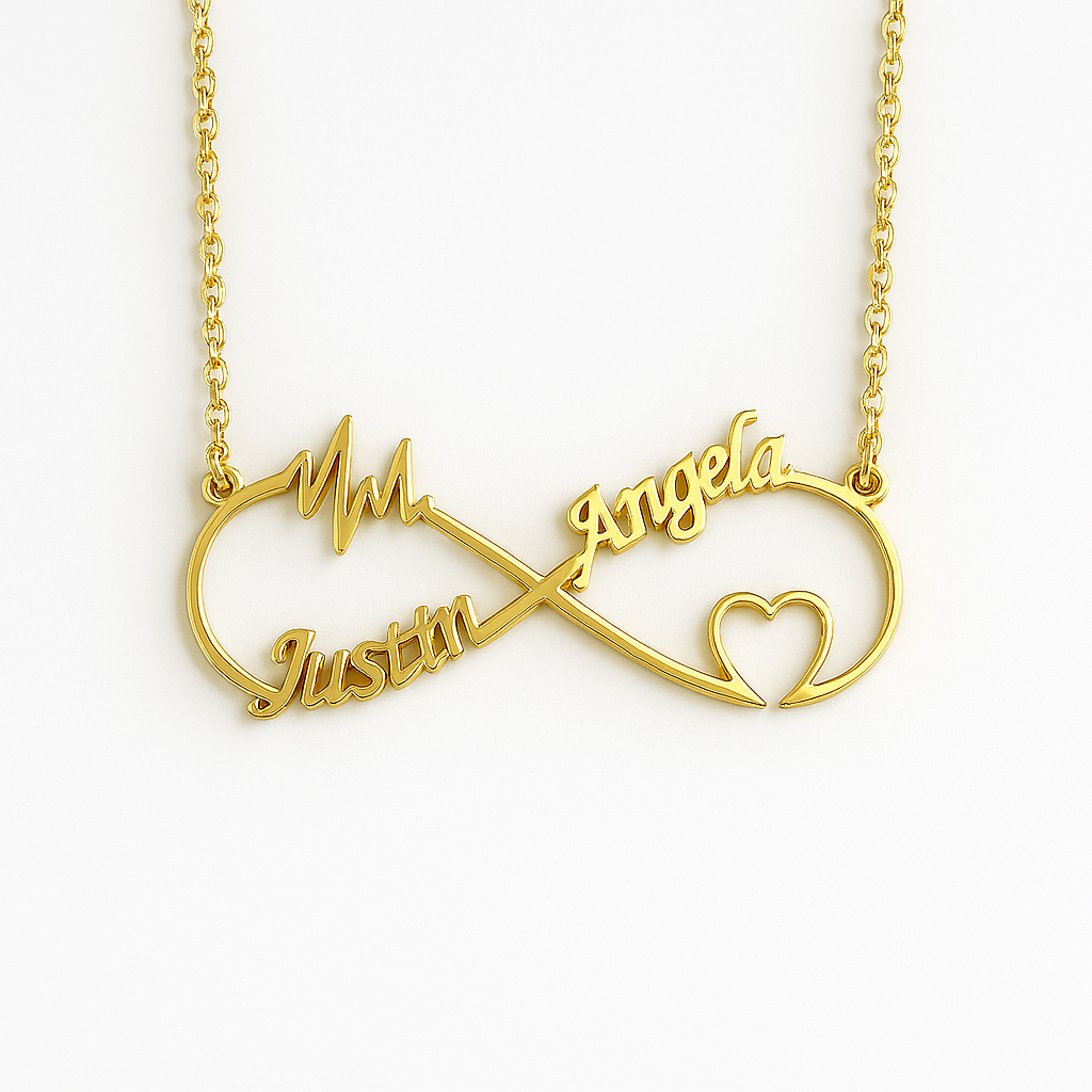 Custom Infinity Heartbeat Name Necklace – 24CT Gold Plated Personalized Pendant for Couples with Two Names & Heart Design
