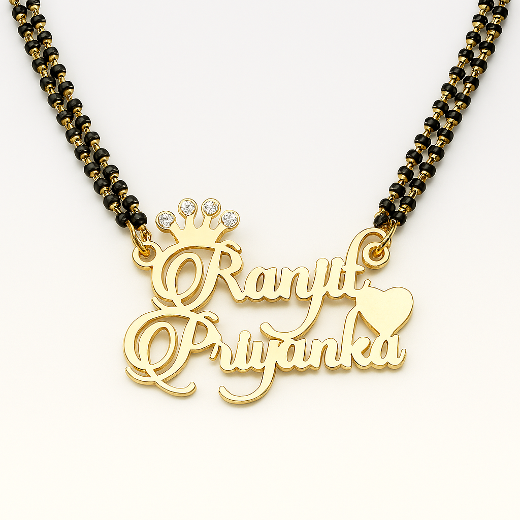 Custom Couple Name Mangalsutra Necklace – 24CT Gold Plated Pendant with Crown & Heart Design – Personalized Gift for Her
