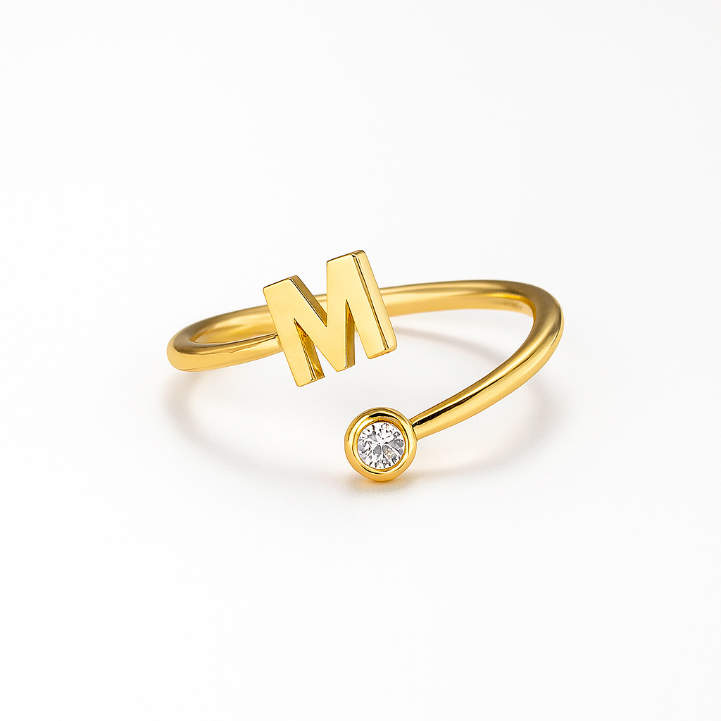 Custom 24CT Gold Platted Initial Ring – Minimalist Adjustable Letter Ring with Diamond Accent for Women
