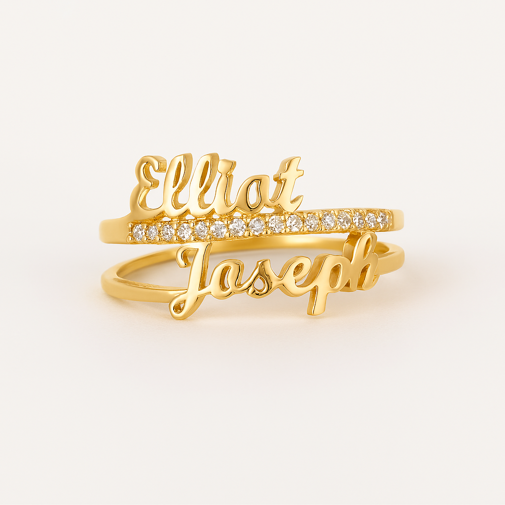 Custom Double Name Ring – 24CT Gold Plated Personalized Ring with CZ Accents – Elliot Joseph Adjustable Name Jewelry for Women & Men