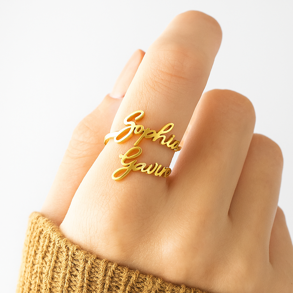 Custom Double Name Ring – Personalized 24CT Gold Plated Jewelry for Couples, Moms & Gifts – Mila Oliver Ring
