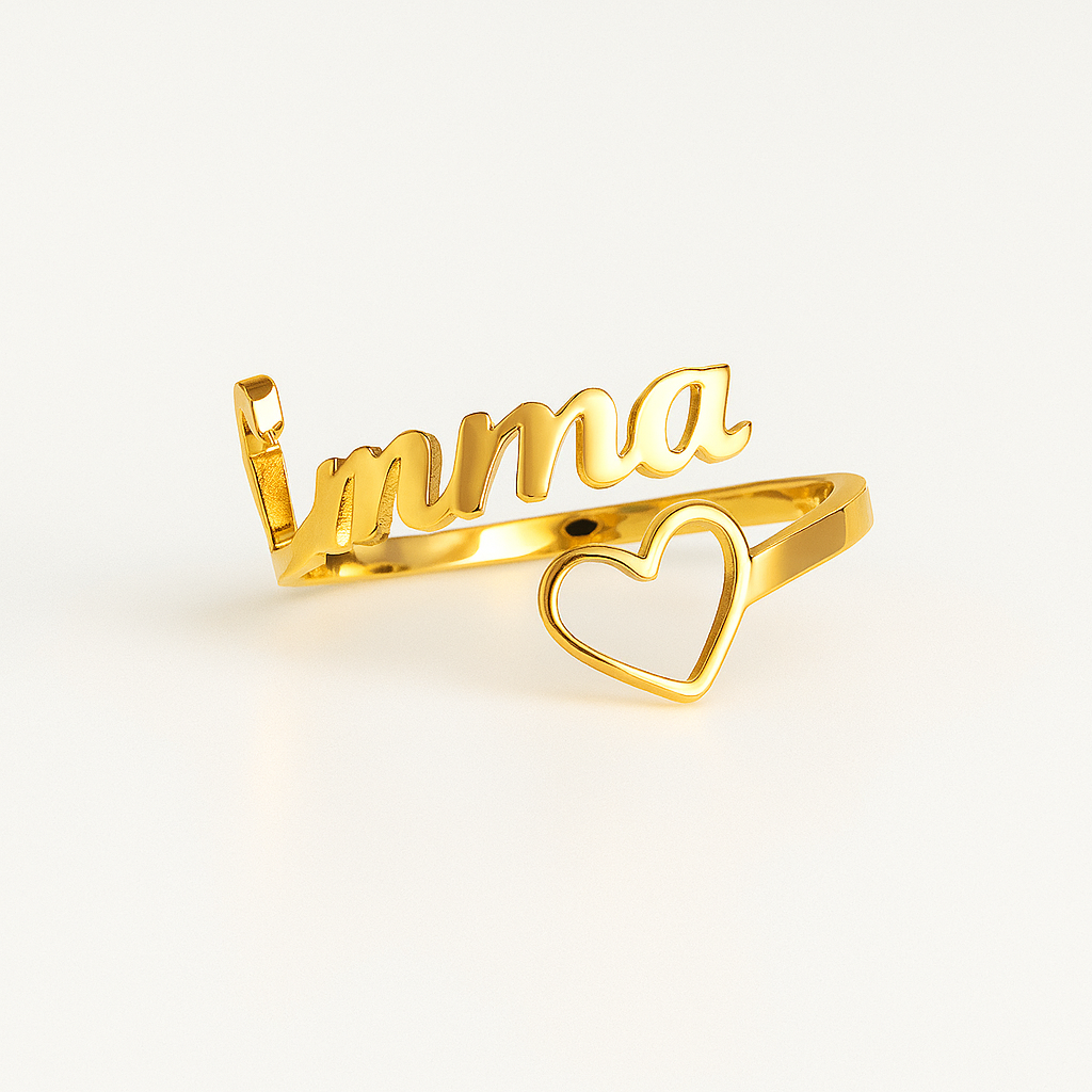 Custom Name Ring with Open Heart – Personalized 24CT Gold Plated Adjustable Ring for Women & Girls – Imma Name Jewelry