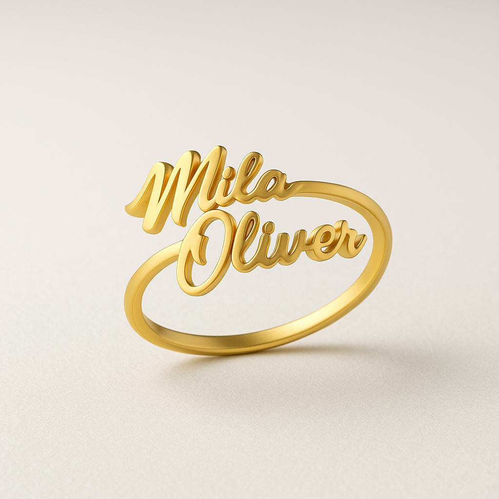 Custom Double Name Ring – Personalized 24CT Gold Plated Jewelry for Couples, Moms & Gifts – Mila Oliver Ring