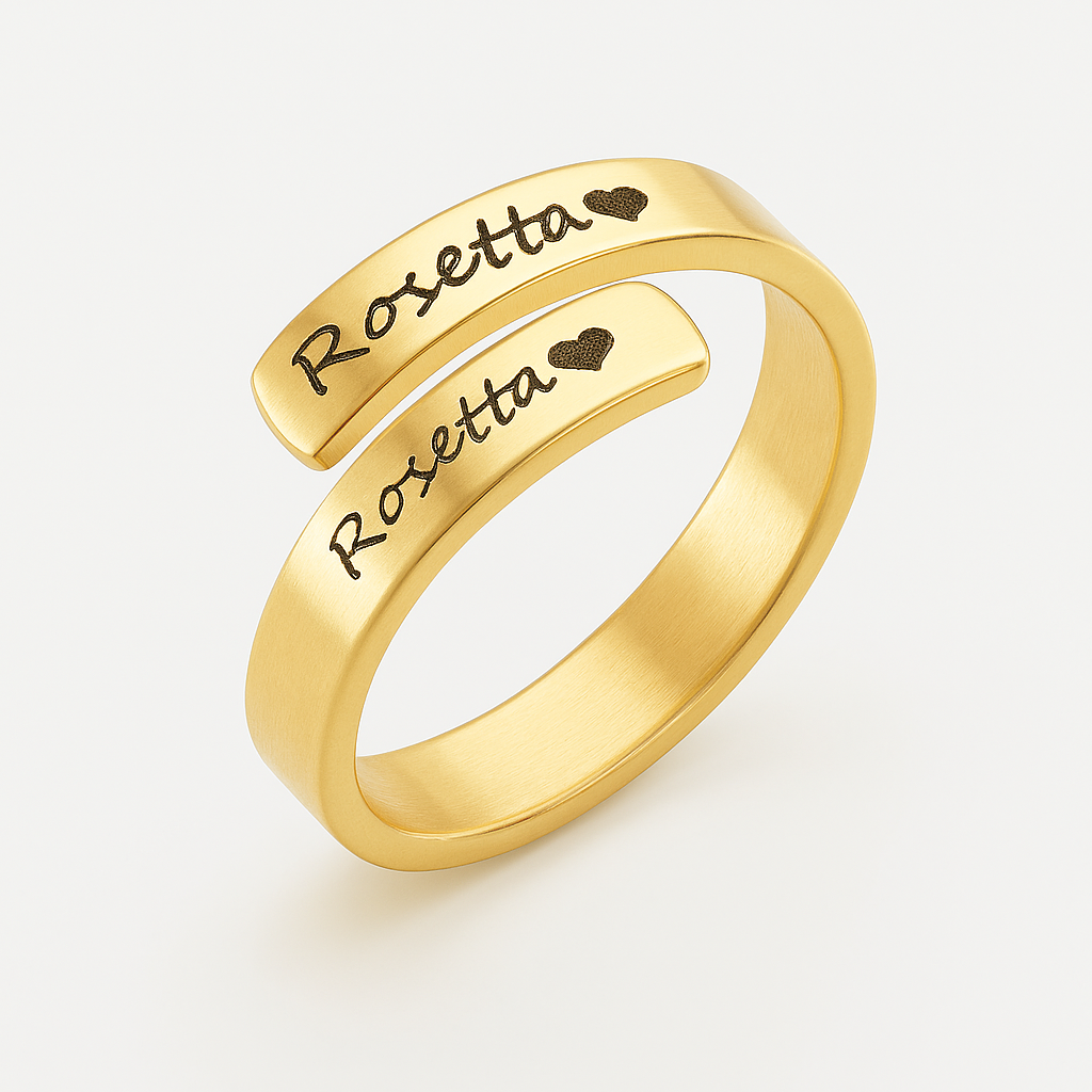 Personalized Name Ring – Custom Engraved Adjustable Band with Heart – Rosetta Style Gift for Her
