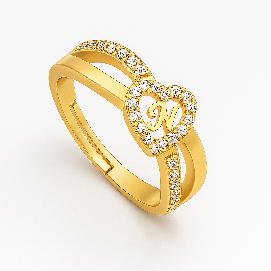 Personalized 24CT Gold Platted Heart Initial Ring – Custom Letter Diamond Accent Jewelry for Women