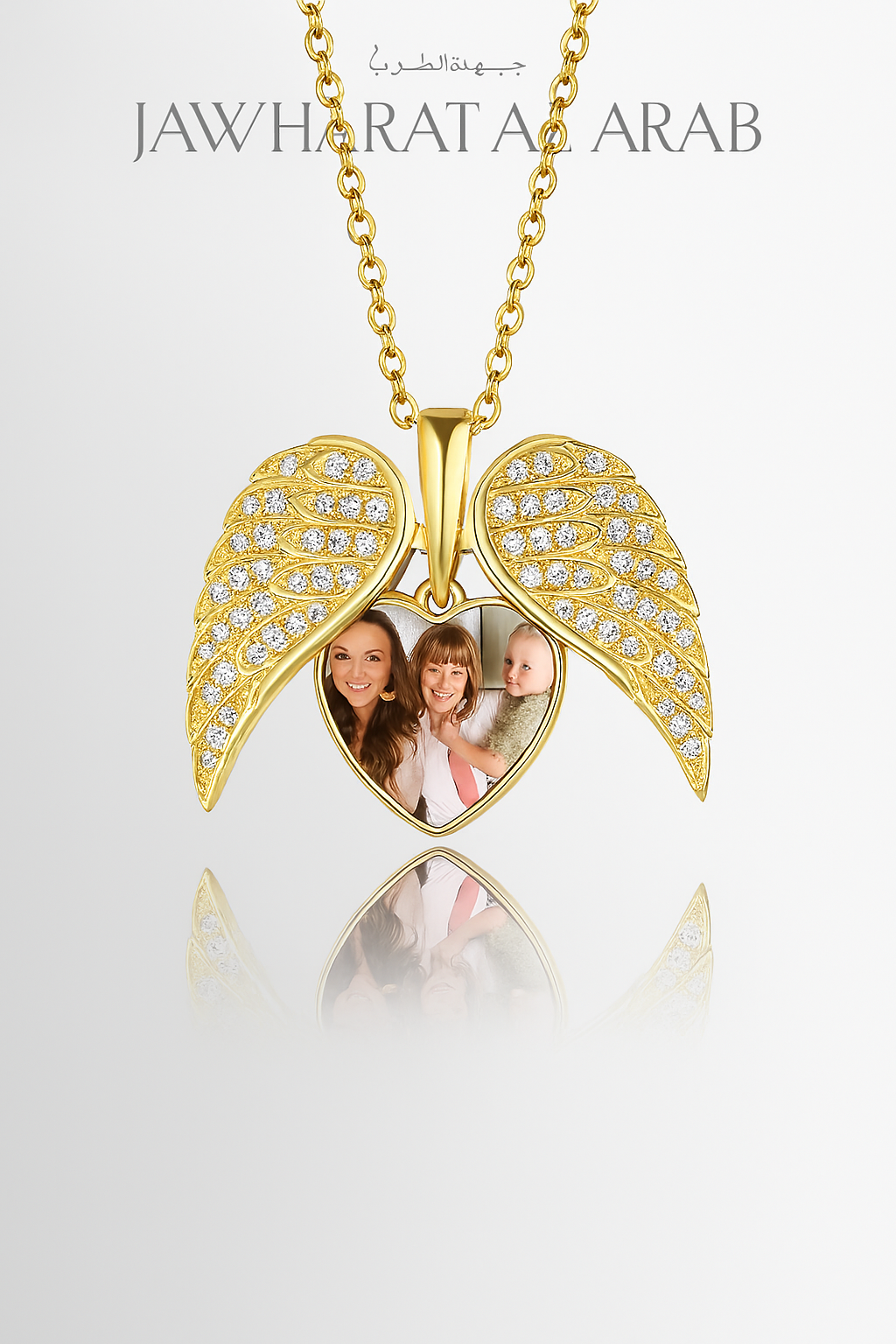 Custom Photo Angel Wing Necklace – Personalized 24CT Gold Heart Pendant with Picture & CZ Crystals – Memorial & Family Gift by Jawharat Al Arab