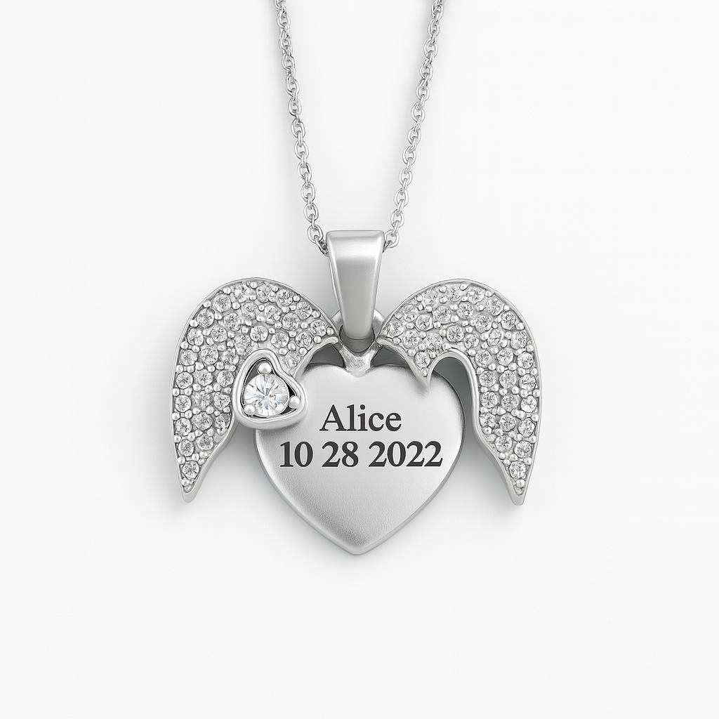 Personalized 24CT Gold Platted Angel Wings Heart Pendant – Custom Name & Date Necklace – Memorial Jewelry for Loved Ones