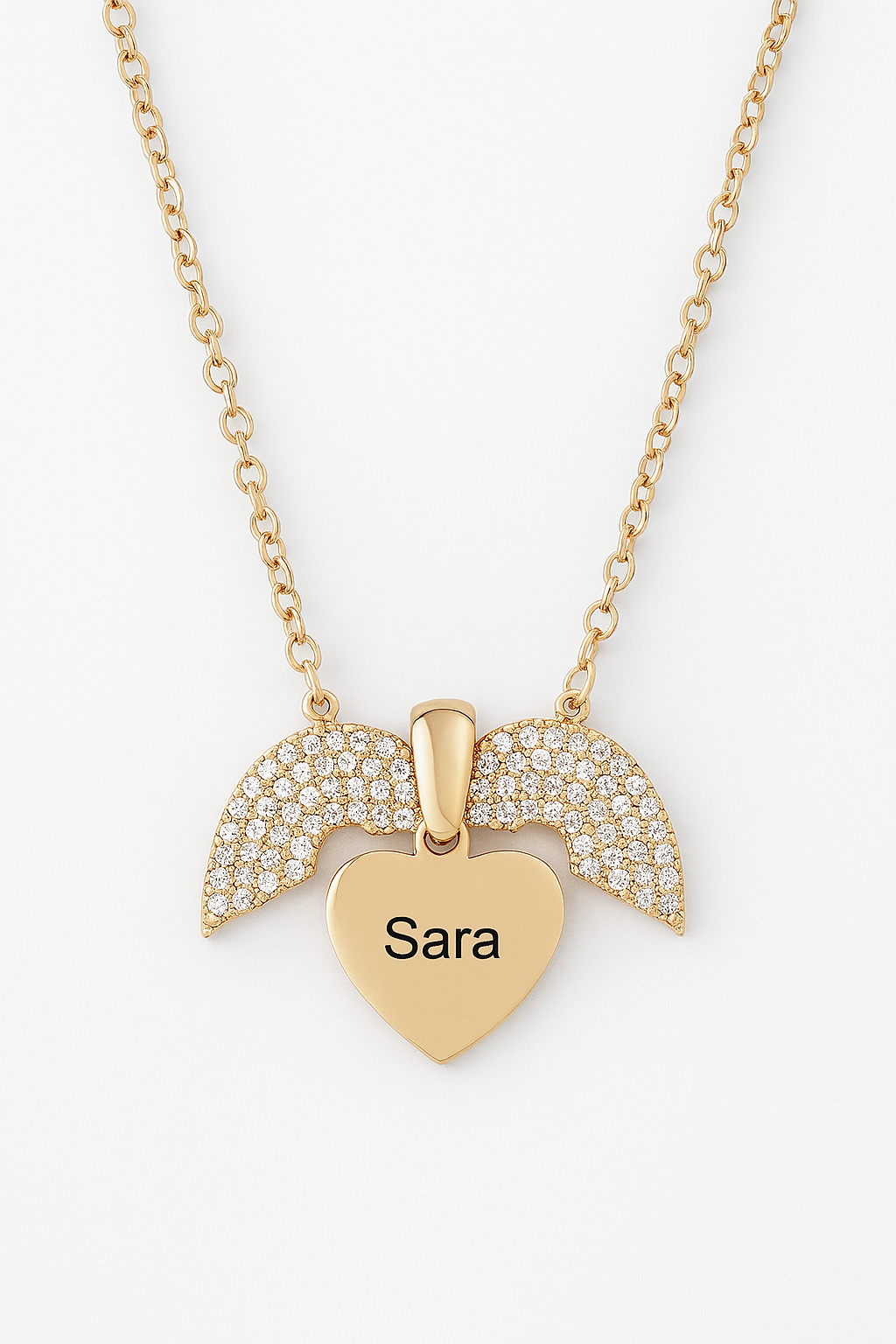 Custom Name Angel Wing Necklace – Personalized 24CT Gold Heart Pendant with CZ Crystals for Women & Girls