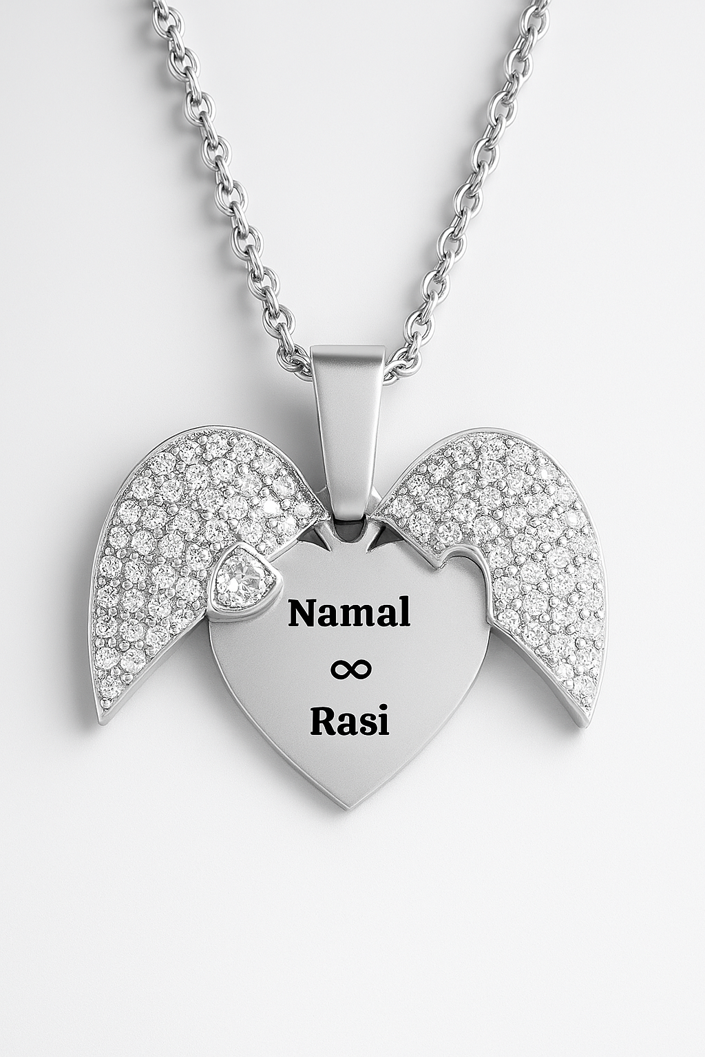 Custom Couple Name Angel Wing Necklace – Personalized Heart Pendant with Infinity Symbol in Gold & Silver for Lovers