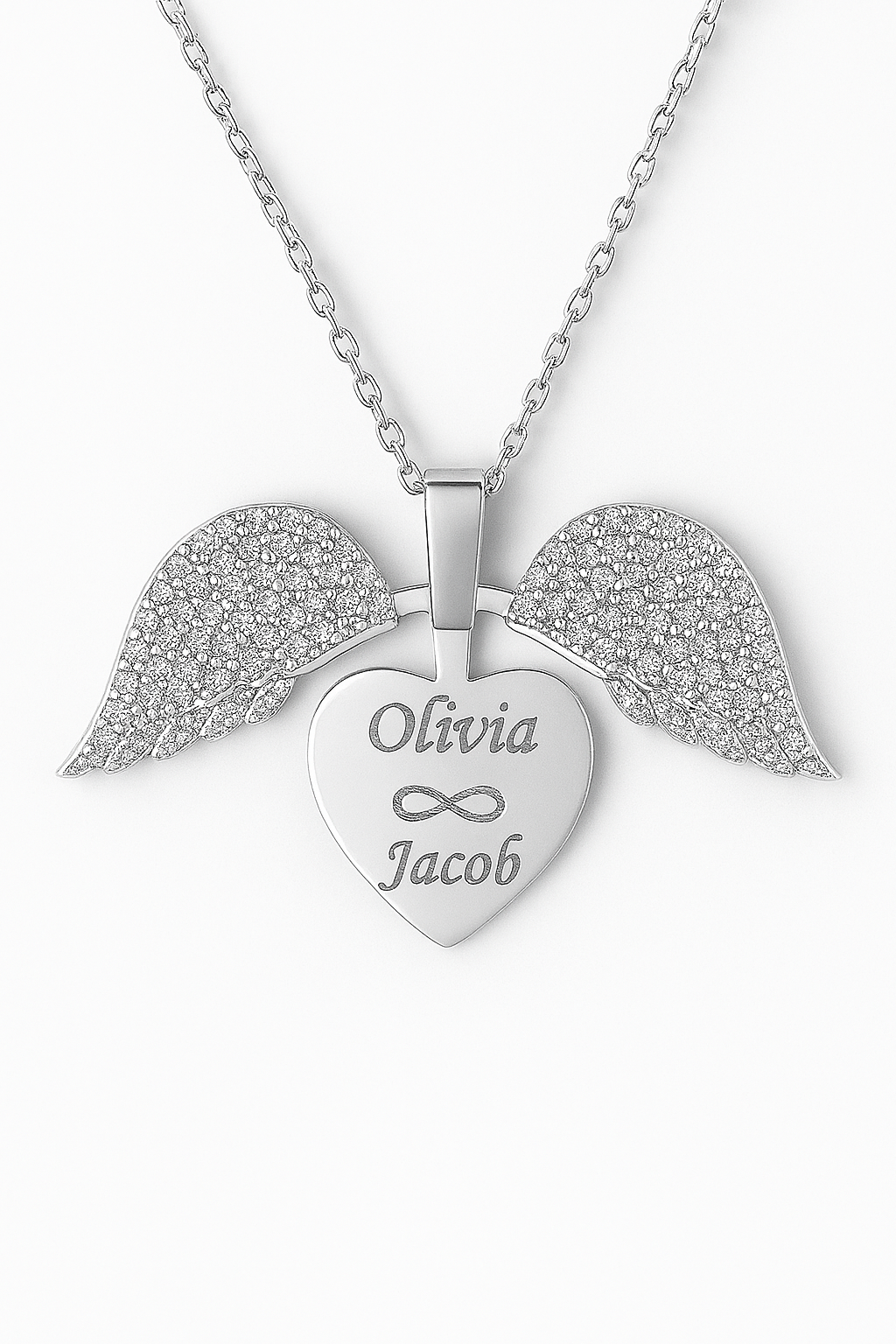 Custom Couple Name Necklace with Angel Wings – Personalized Gold/Silver platted Heart Pendant with Infinity Symbol & CZ Crystals
