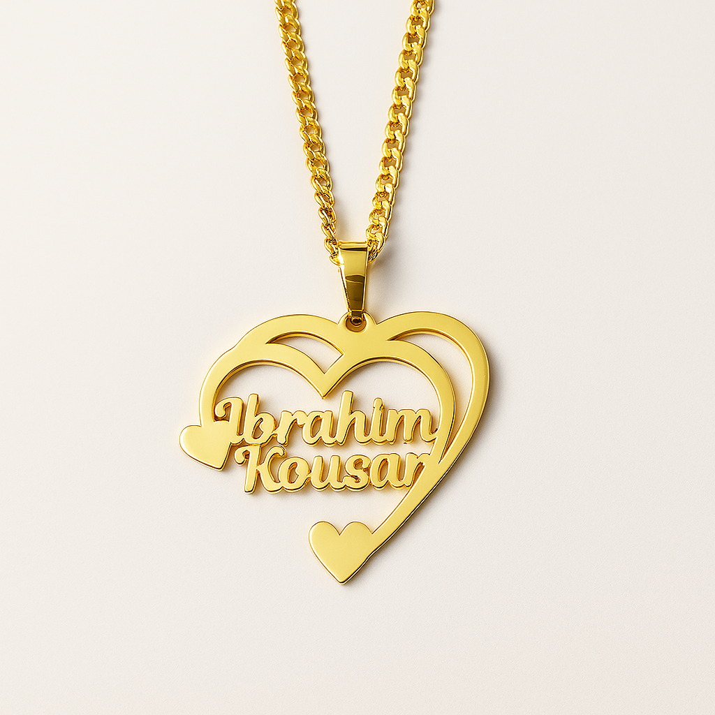 Custom Double Heart Name Necklace in Gold – Personalized Couple Pendant Gift