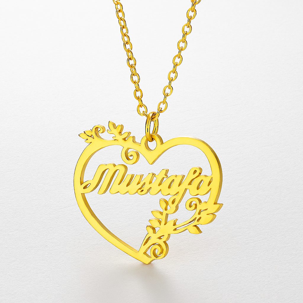 Custom Floral Heart Name Necklace – Personalized Gold Pendant for Him or Her