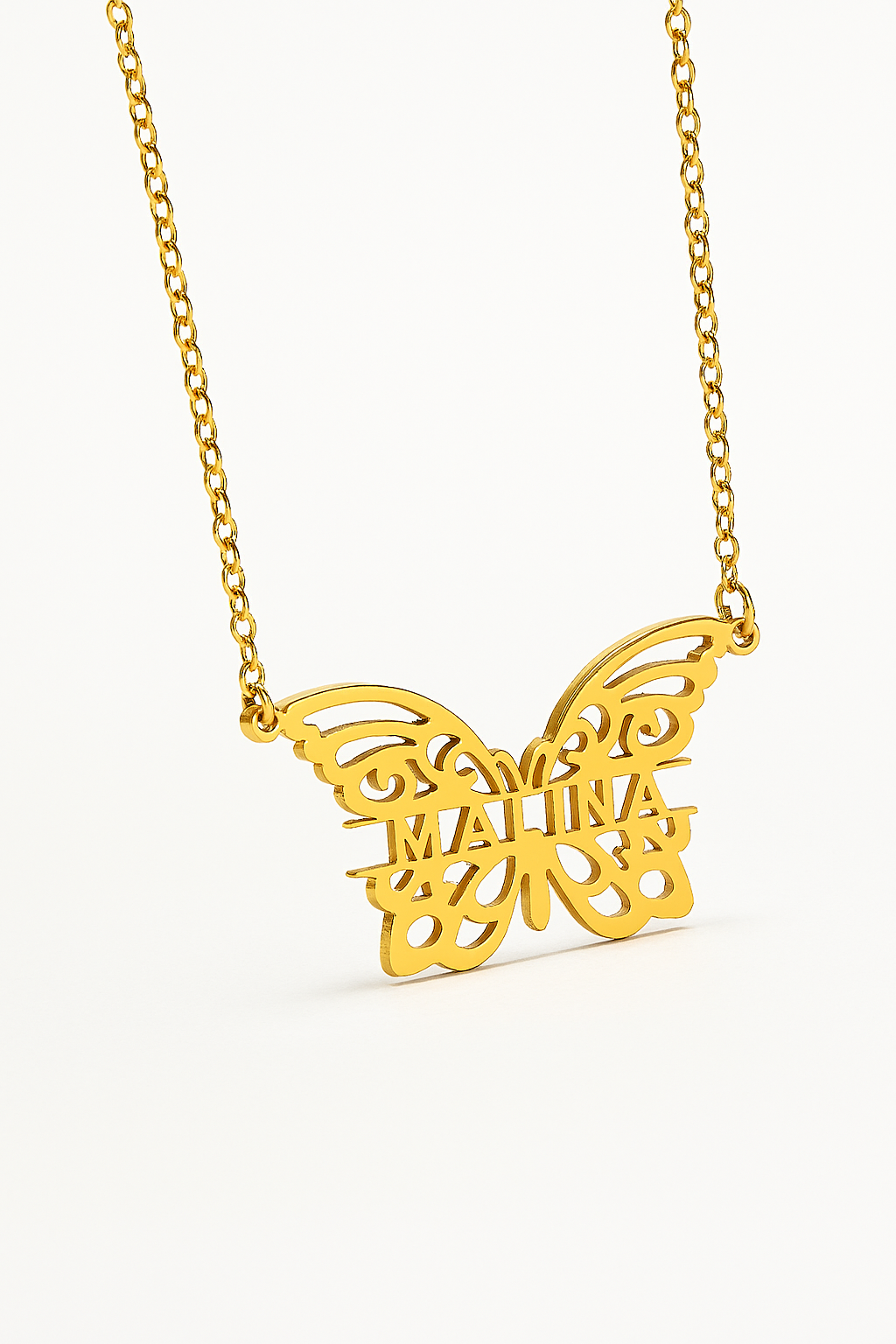Personalized Butterfly Name Necklace – Custom Gold Cutout Pendant for Women