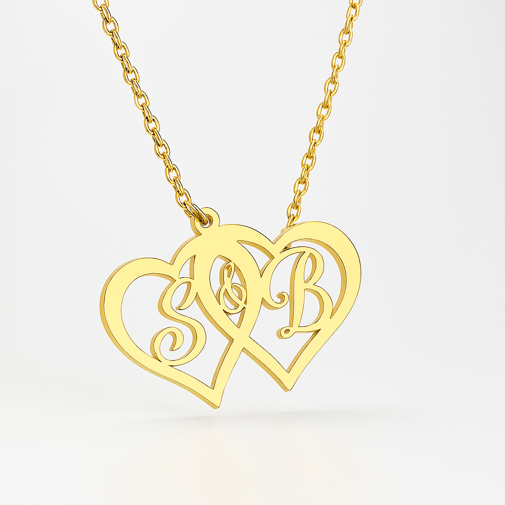 Custom Double Heart Initial Necklace – Personalized Gold Pendant for Couples