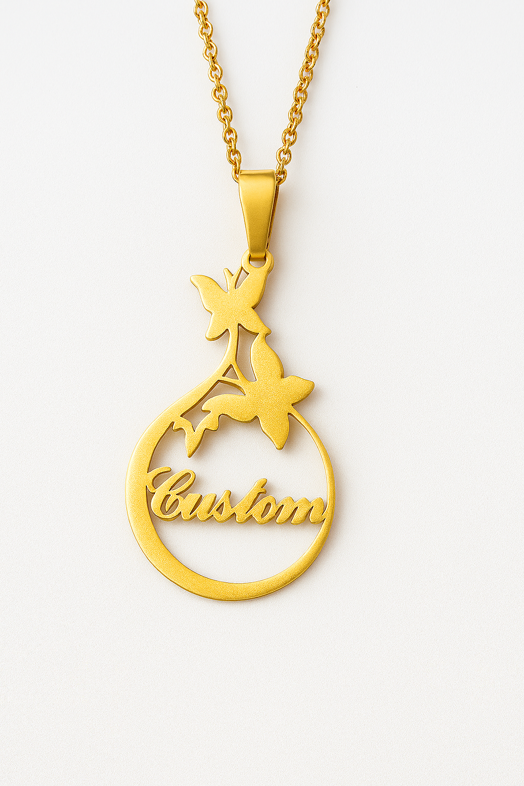 Custom Gold Name Necklace – Floral Butterfly Pendant