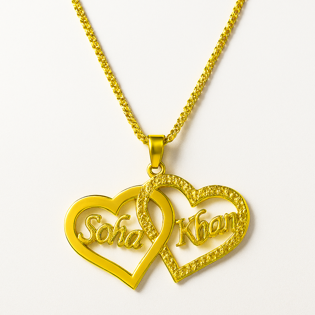 ersonalized Double Heart Name Necklace – Custom Gold Pendant for Couples
