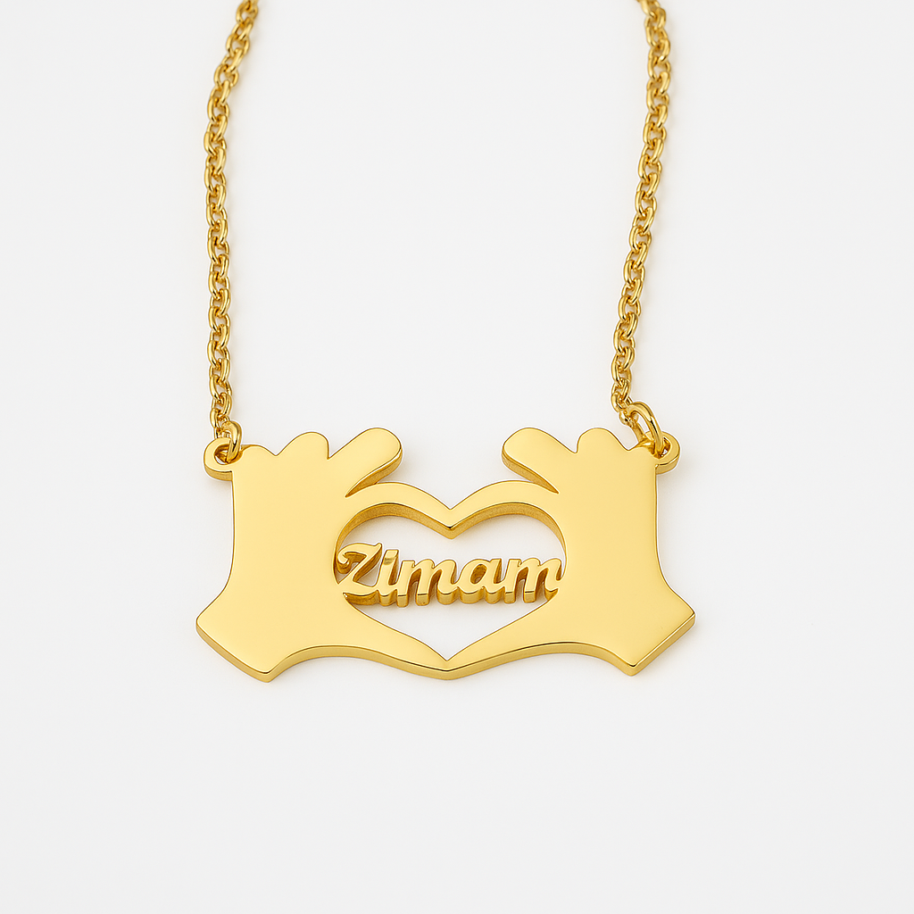 Custom Hand Heart Name Necklace – Personalized Gold Pendant for Loved Ones