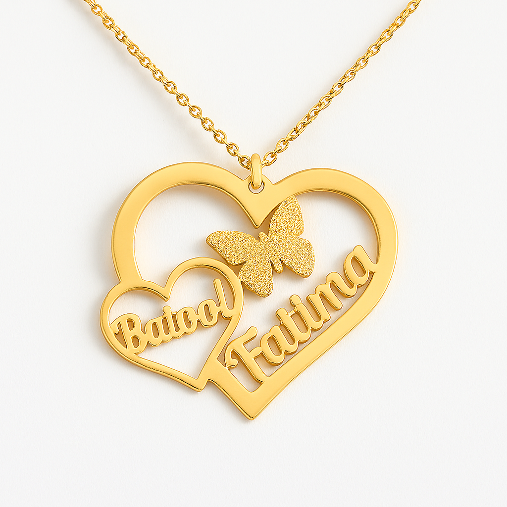 Custom Gold Heart Name Necklace – Personalized Butterfly Pendant