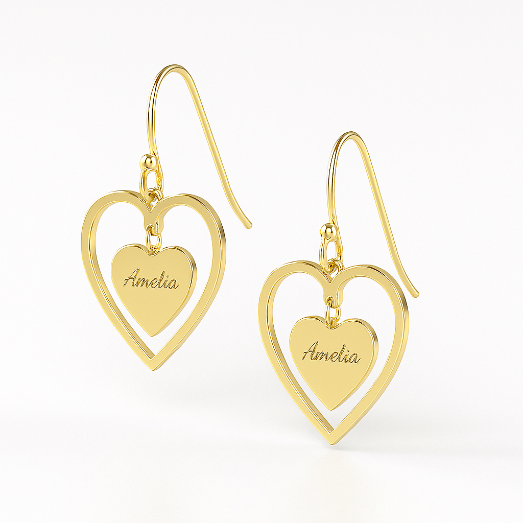 Custom Engraved Heart Drop Earrings – Personalized 24CT Gold Plated Name Jewelry for Women & Girls