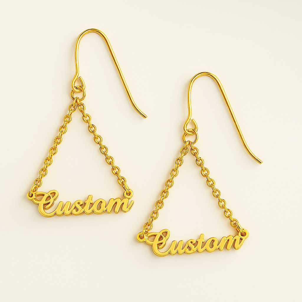 Custom Name Chain Drop Earrings – Personalized Triangle 24CT Gold Plated Statement Jewelry for Women