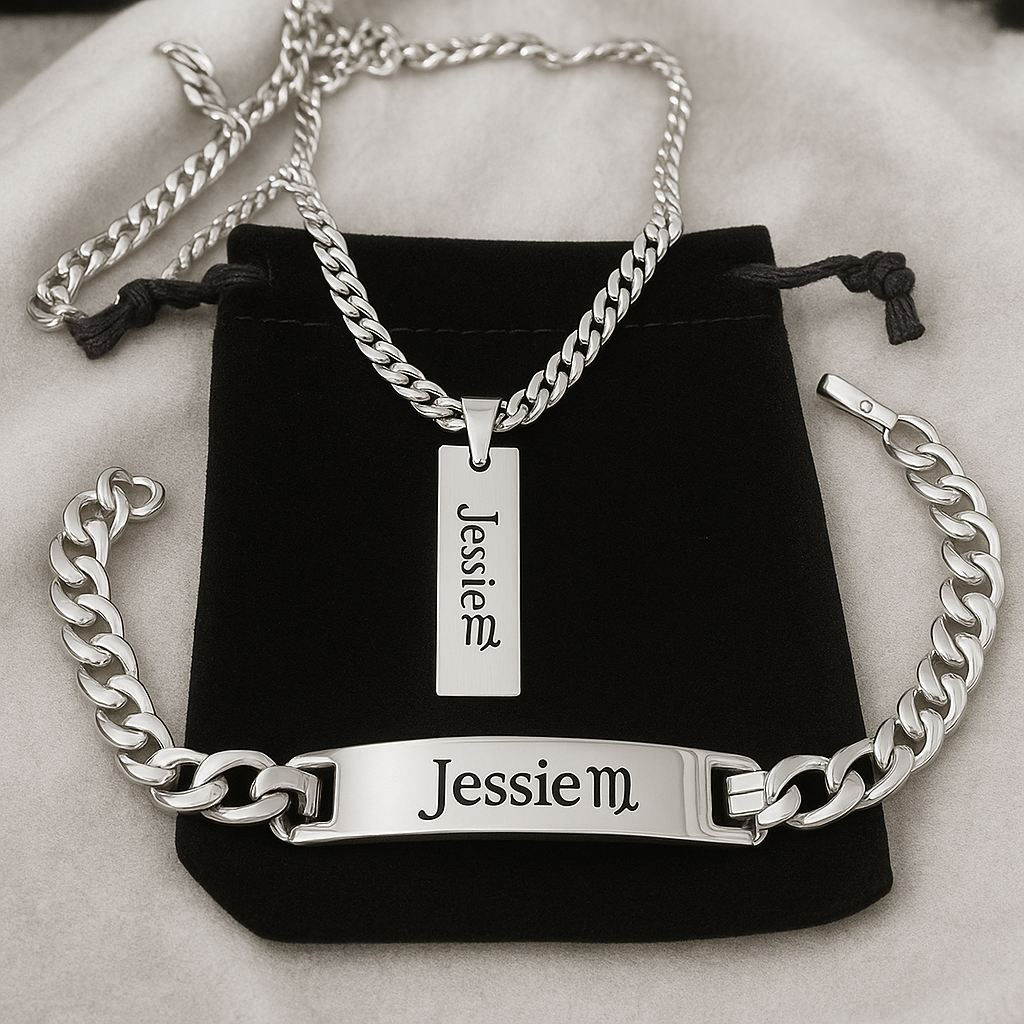 Custom Name Necklace & Bracelet Set – Personalized Cuban Chain Jewelry for Men & Women with Zodiac Sign