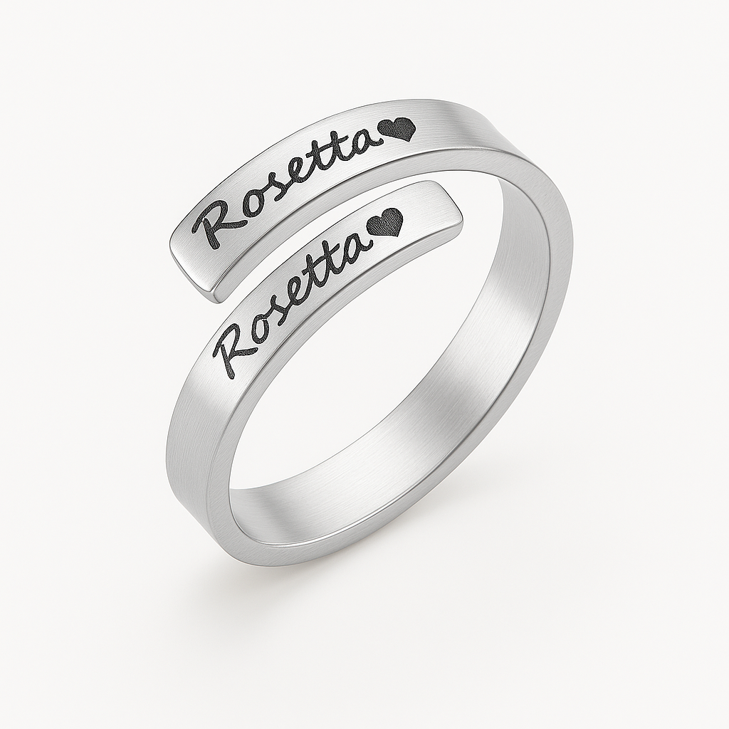Personalized Name Ring – Custom Engraved Adjustable Band with Heart – Rosetta Style Gift for Her