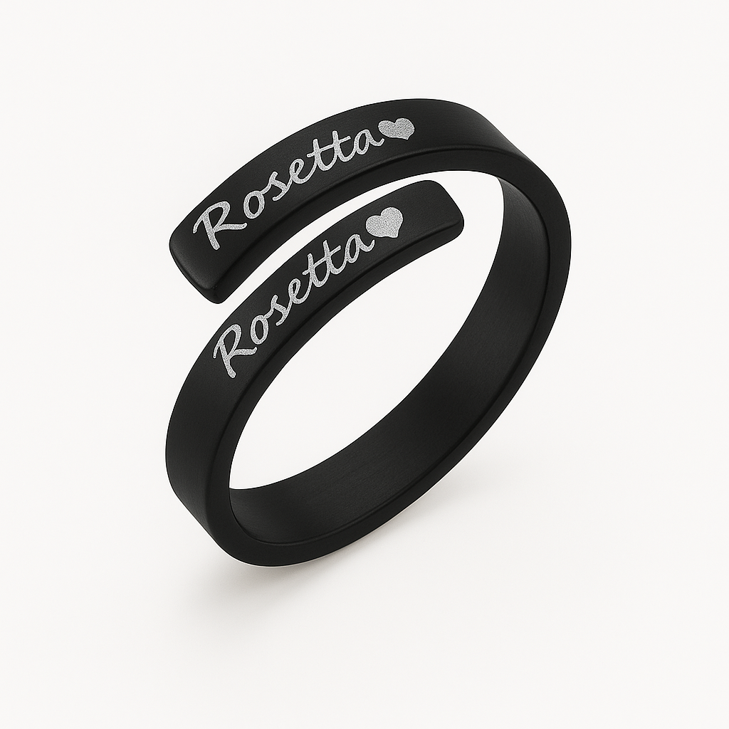 Personalized Name Ring – Custom Engraved Adjustable Band with Heart – Rosetta Style Gift for Her