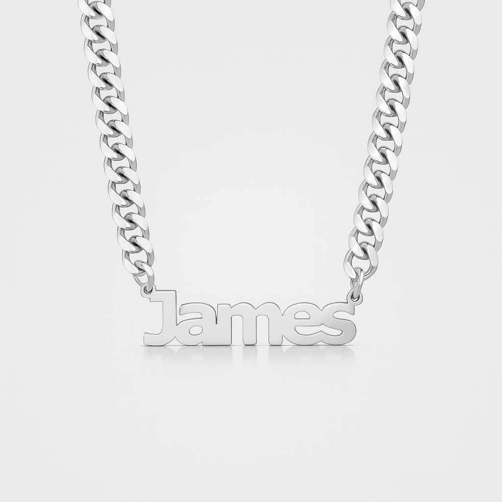 Custom Name Necklace for Men – Bold Silver Curb Chain with Personalized Nameplate Pendant