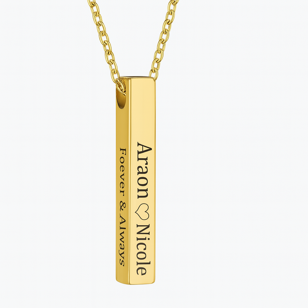 Custom Engraved Bar Necklace – Personalized Couple Name Pendant with Love Symbol & Message | Romantic Gift for Him & Her