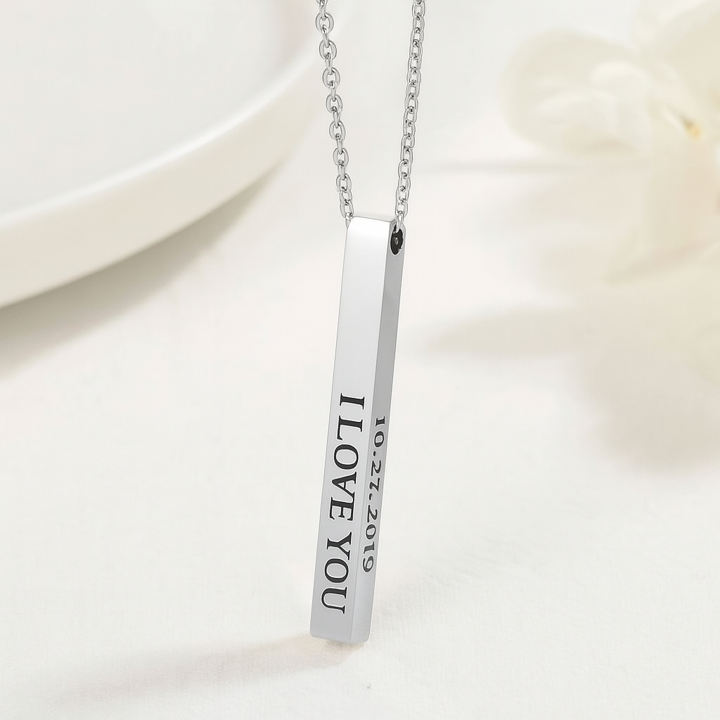 Custom Silver Engraved Bar Necklace – Personalized I Love You Pendant with Date | Romantic Gift for Couples