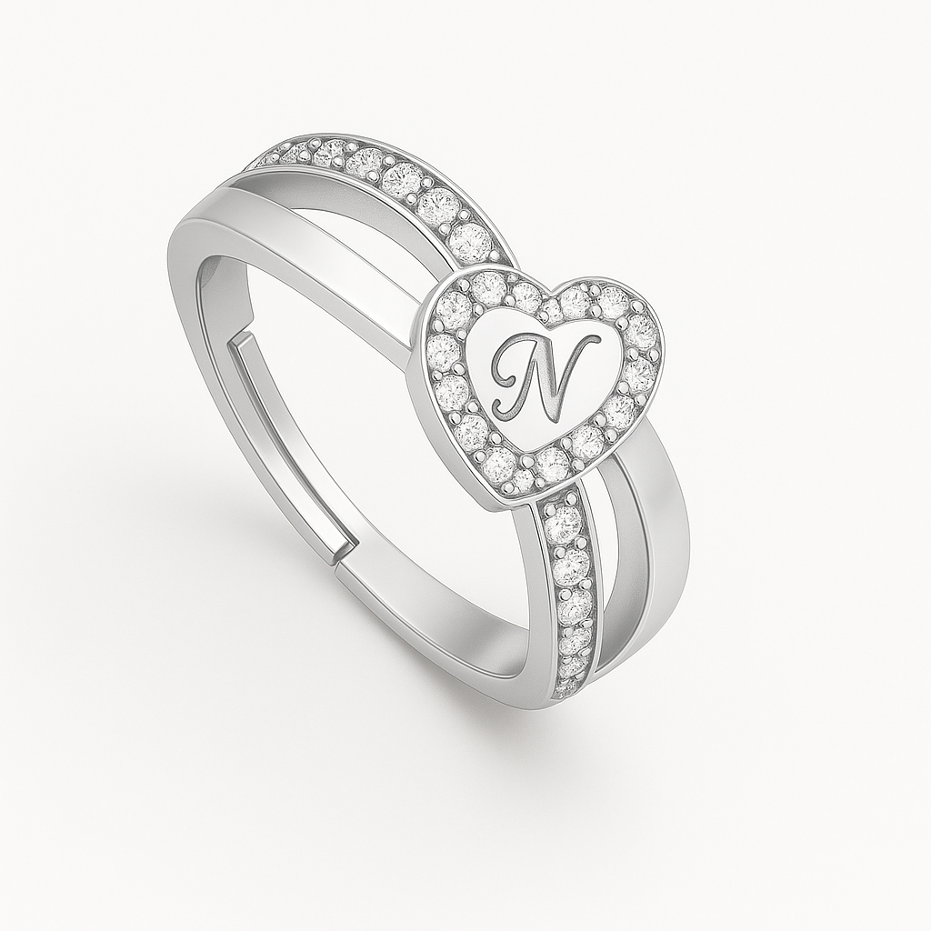 Personalized 24CT Gold Platted Heart Initial Ring – Custom Letter Diamond Accent Jewelry for Women