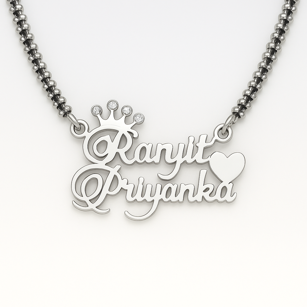Custom Couple Name Mangalsutra Necklace – 24CT Gold Plated Pendant with Crown & Heart Design – Personalized Gift for Her