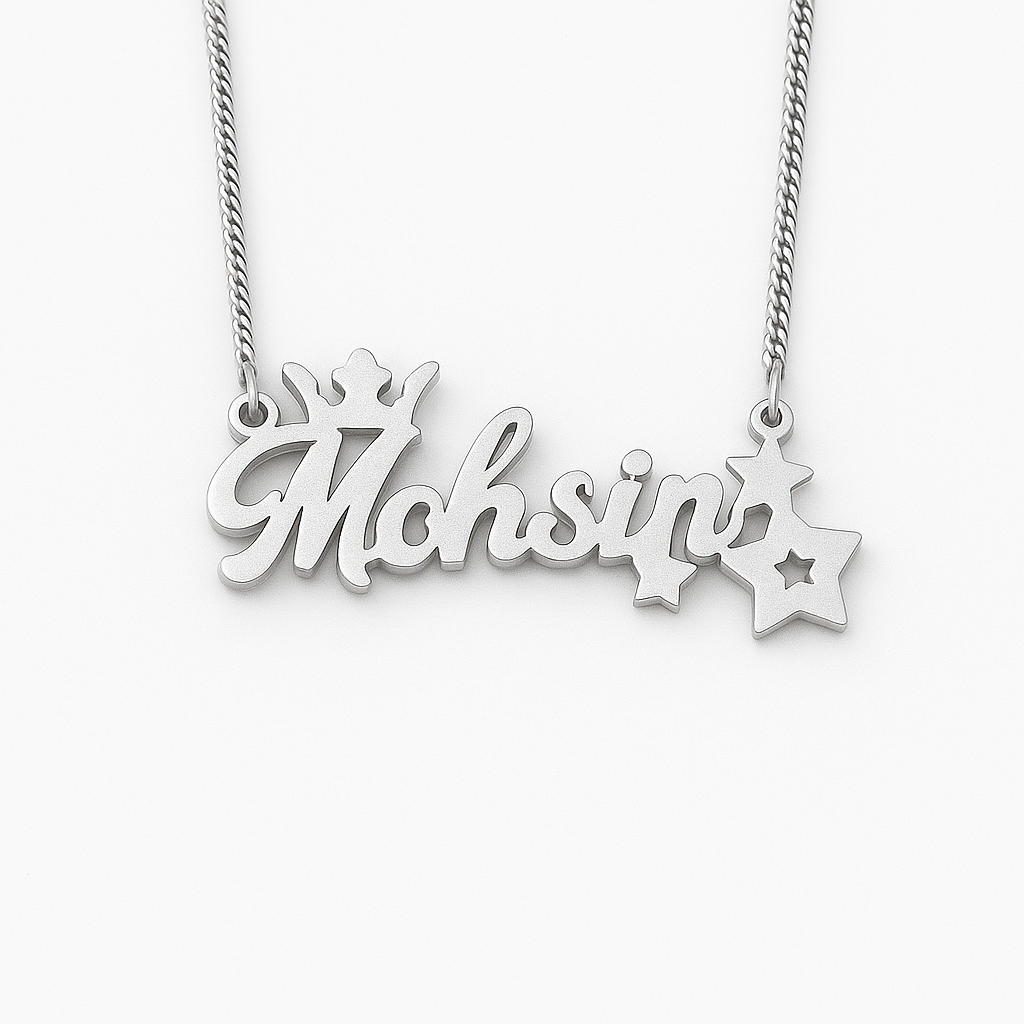 Custom Name Necklace for Boys & Girls (Unisex)– Crown & Star Design | Personalized Gold Plated Stainless Steel Pendant