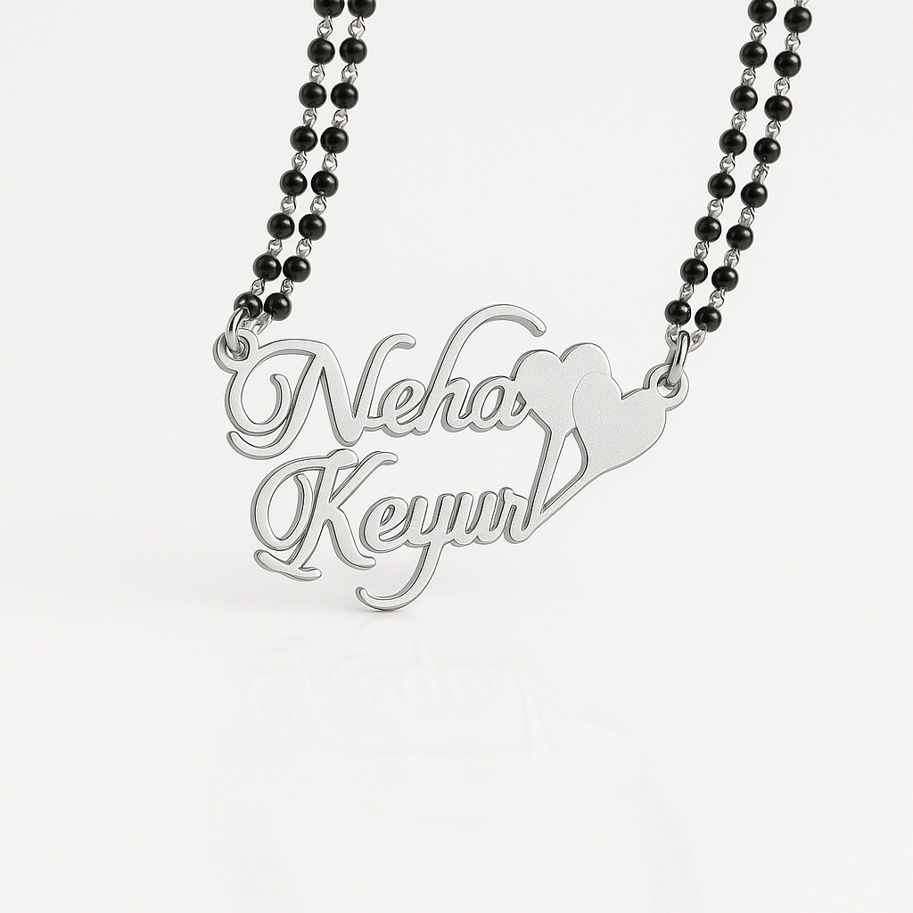Personalized Couple Name Necklace – 24CT Gold Plated Mangalsutra Style Pendant with Double Heart Design for Women