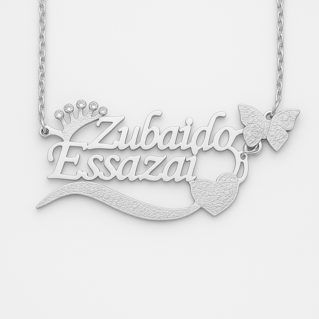Custom Name Necklace for Women – 24CT Gold Plated Pendant with Crown, Butterfly & Heart Design – Personalized Gift Jewelry