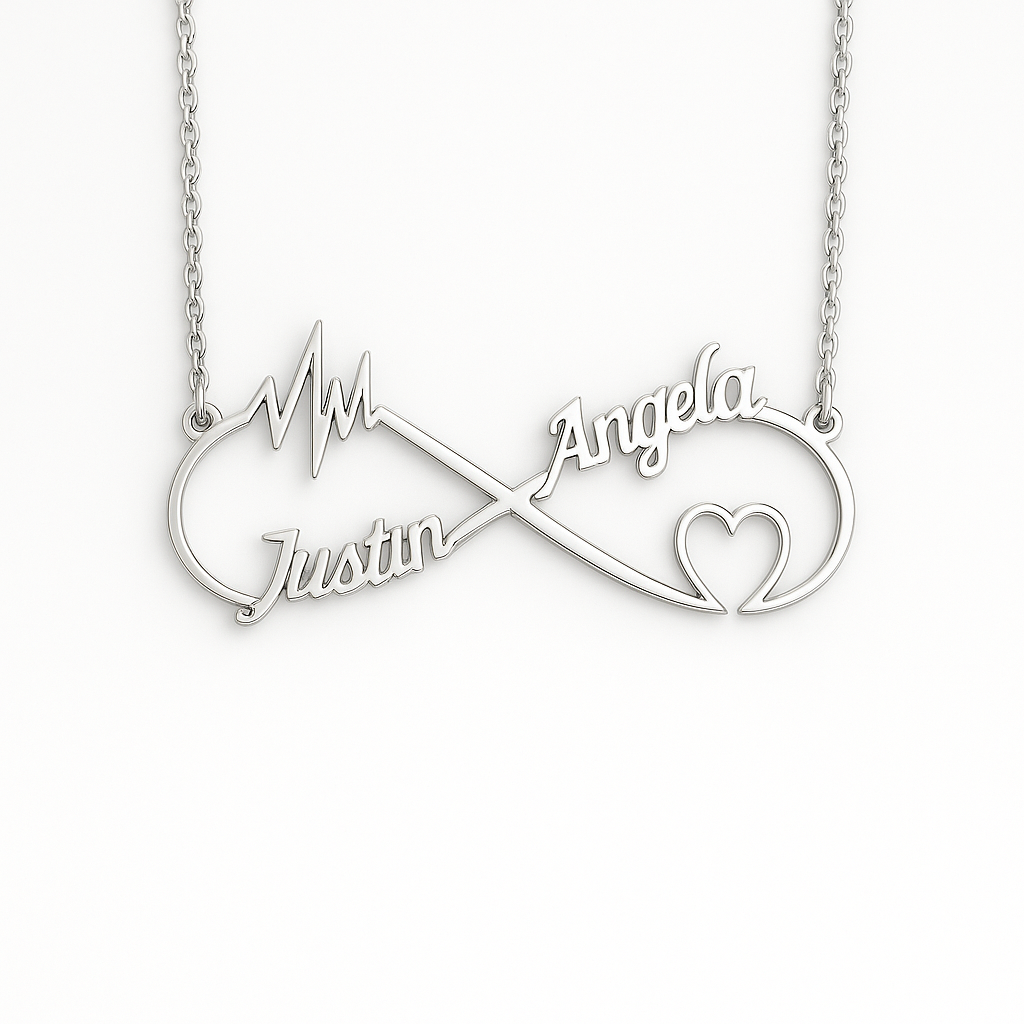 Custom Infinity Heartbeat Name Necklace – 24CT Gold Plated Personalized Pendant for Couples with Two Names & Heart Design