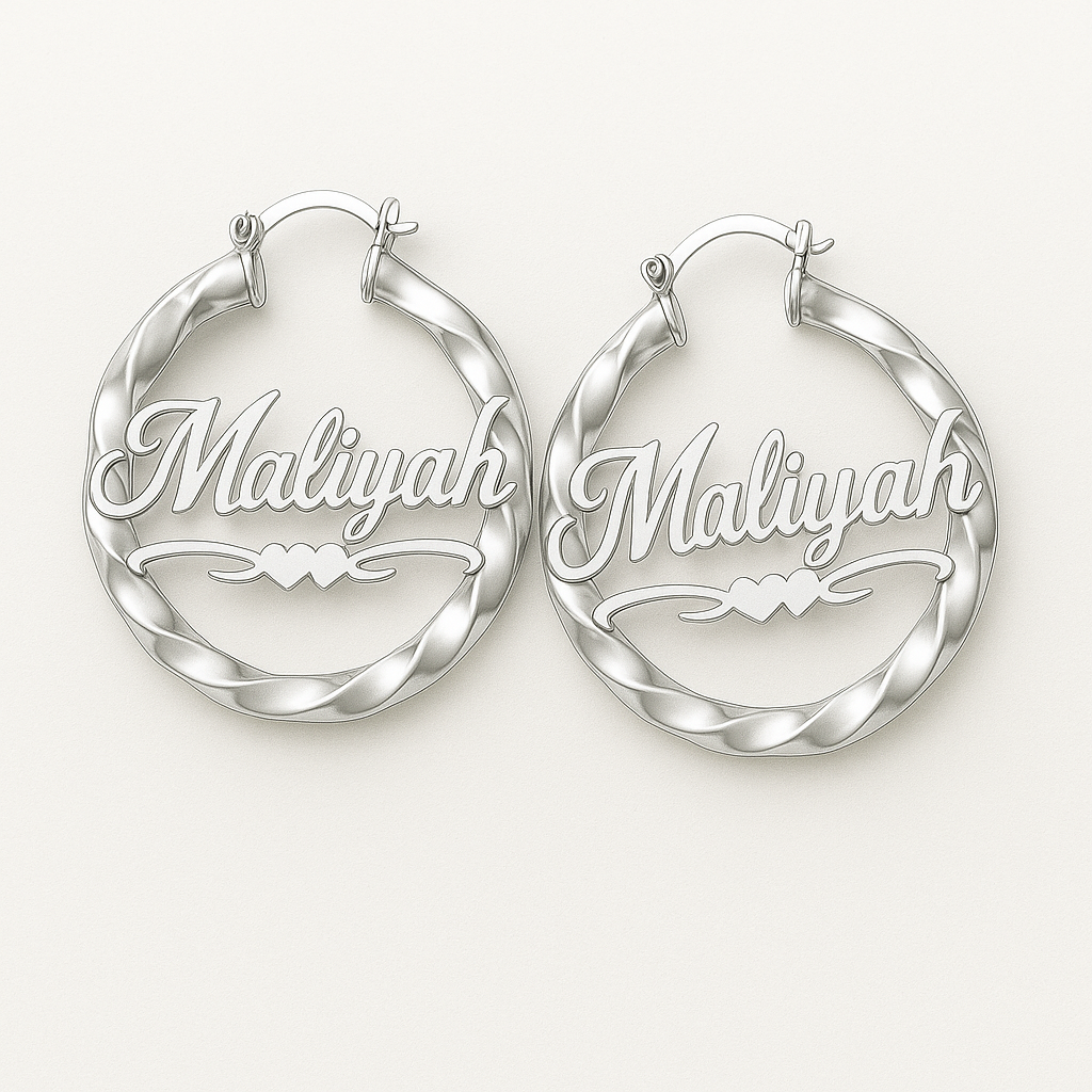 Custom Name Bamboo Hoop Earrings – Personalized 24CT Gold Plated Heart Design Jewelry for Women & Girls