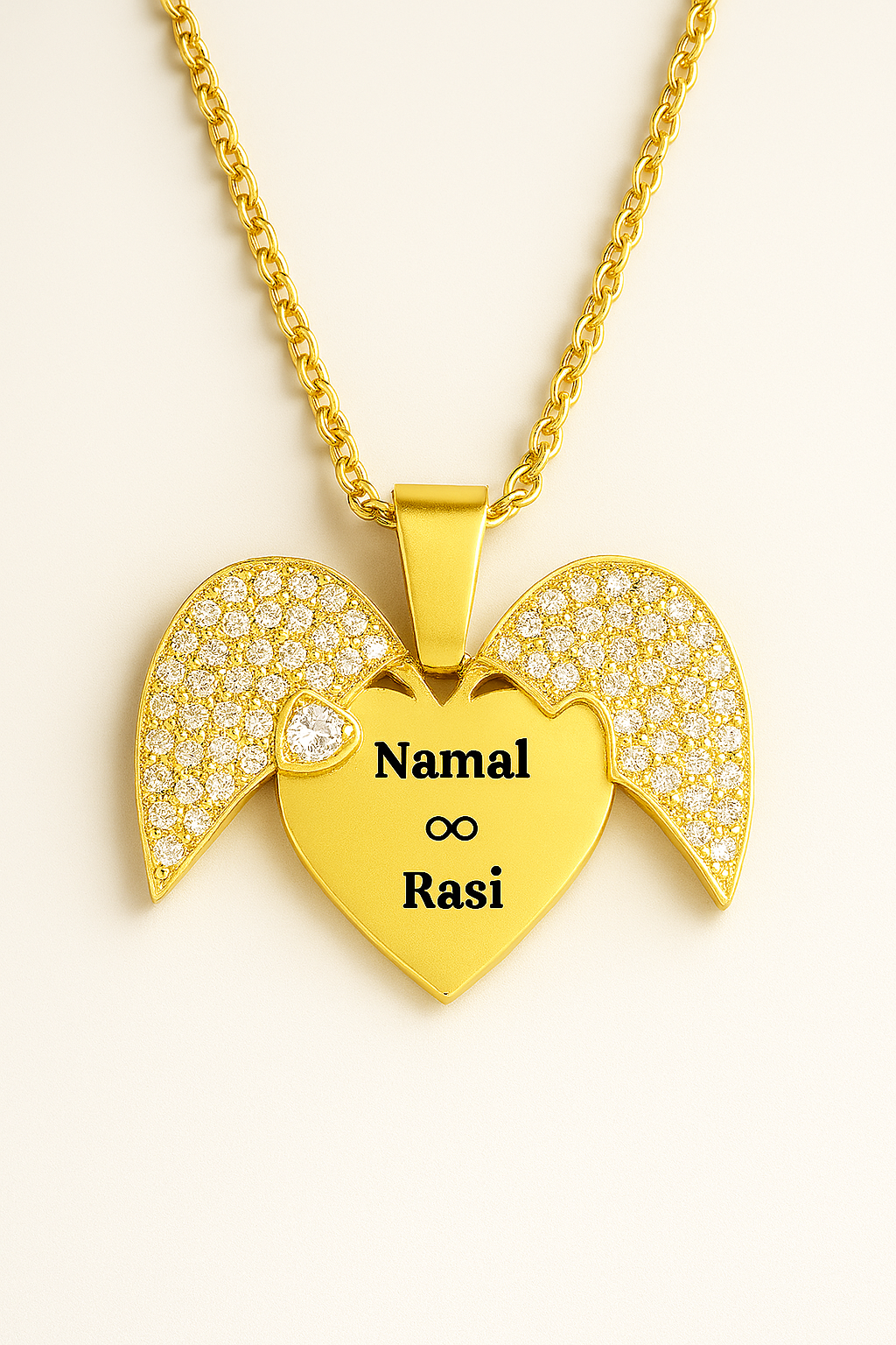 Custom Couple Name Angel Wing Necklace – Personalized Heart Pendant with Infinity Symbol in Gold & Silver for Lovers