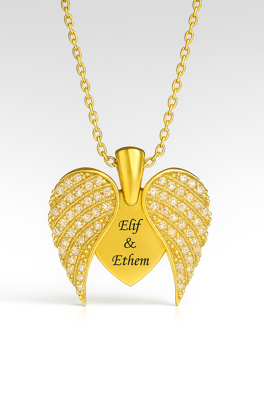 Custom Couple Name Angel Wings Necklace – Personalized 24CT Gold Platted Heart Pendant with CZ Crystals for Anniversary, Valentine’s & Gift