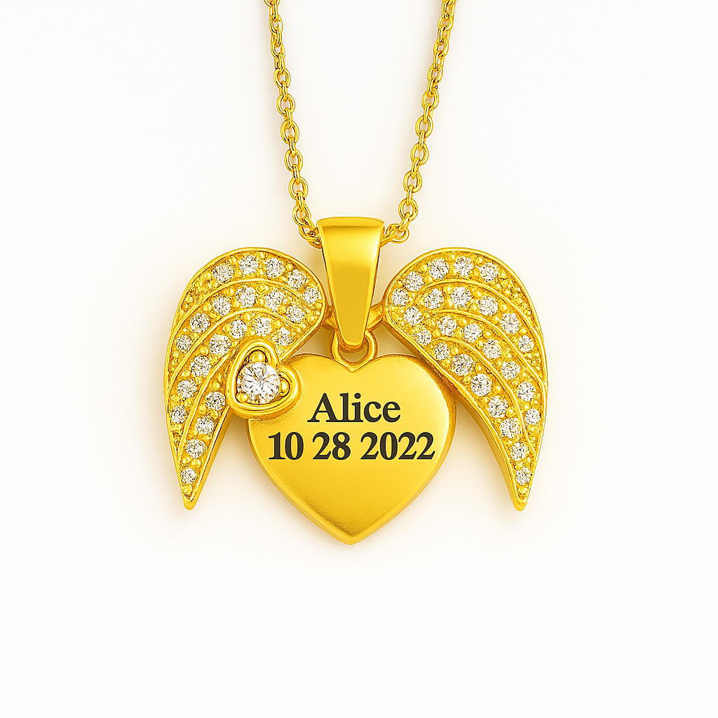 Personalized 24CT Gold Platted Angel Wings Heart Pendant – Custom Name & Date Necklace – Memorial Jewelry for Loved Ones