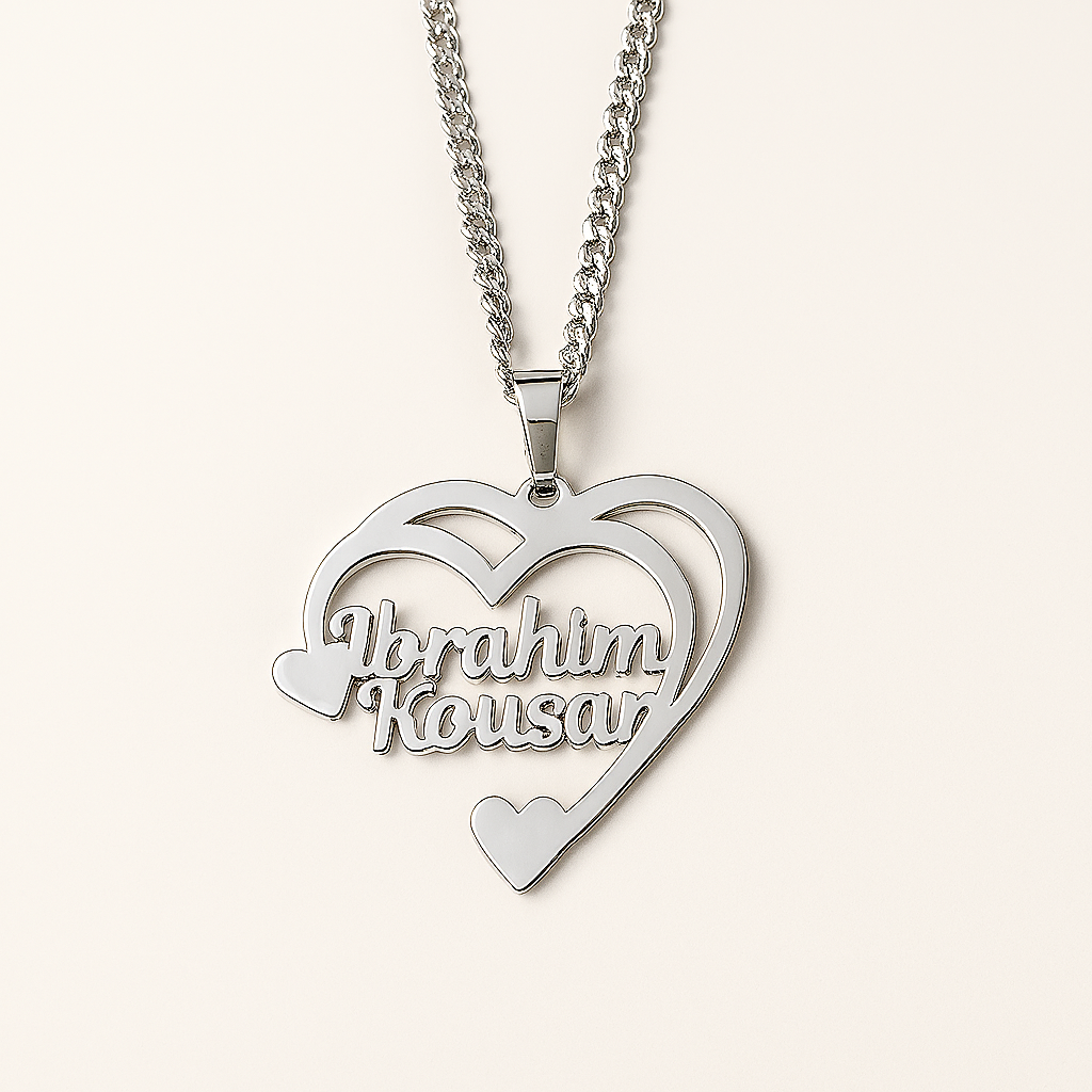 Custom Double Heart Name Necklace in Gold – Personalized Couple Pendant Gift