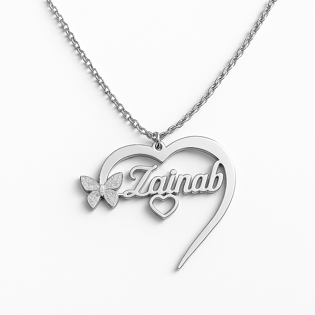 Custom Gold Heart Name Necklace with Butterfly & Heart – Personalized Jewelry Gift